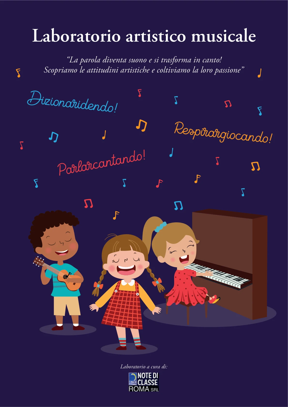 Volantino del laboratorio artistico musicale: tre bambini cantano e suonano ukulele e pianoforte tra note colorate